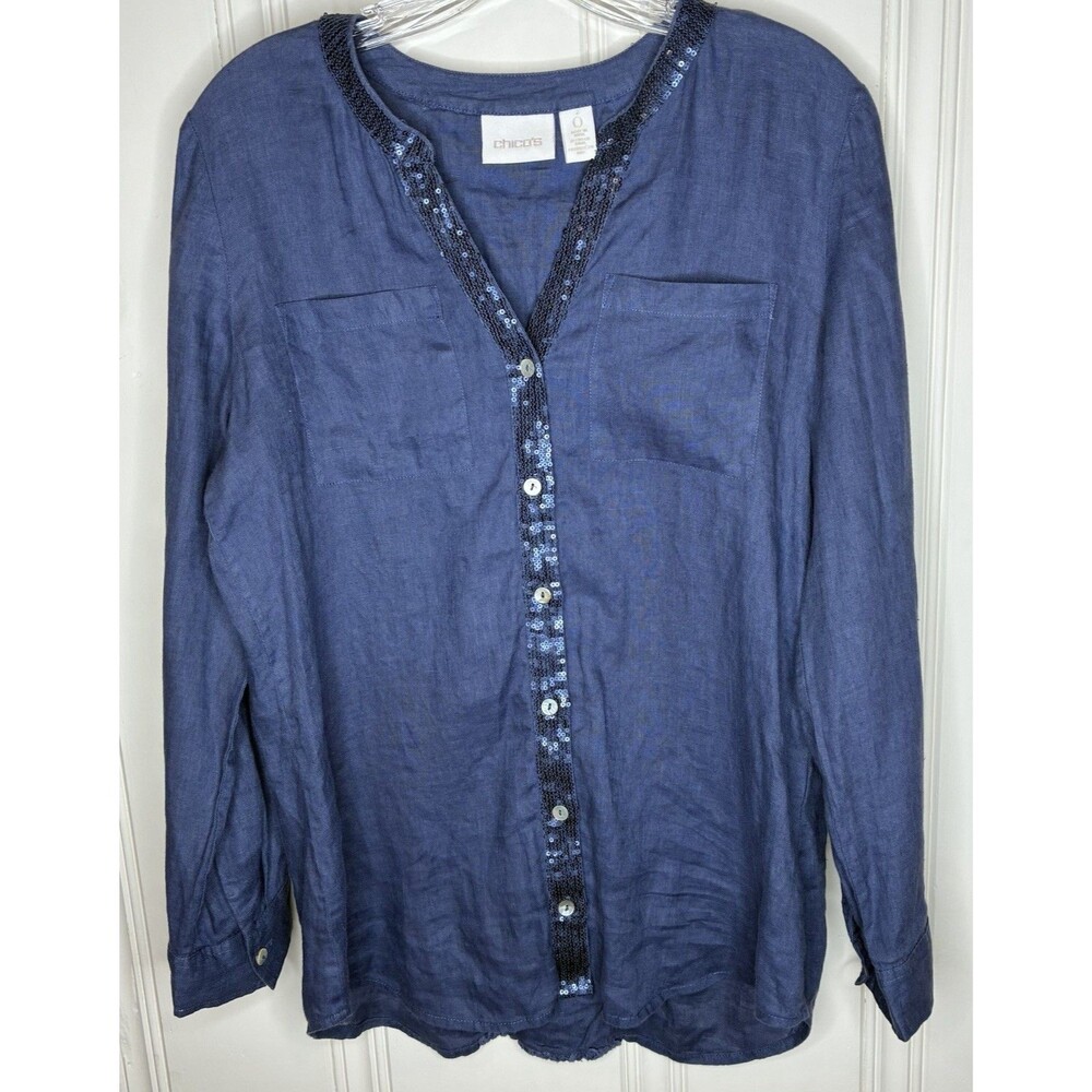 Chicos 100% linen top Sz S sequin trim crochet long sleeves V-neck coastal lux